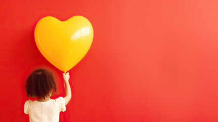 Child holding a yellow heart-shaped balloon on a red background, Valentine's day concept