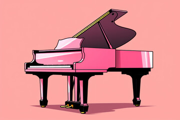  a pink piano sitting on top of a pink floor in front of a pink and black piano on a pink background.