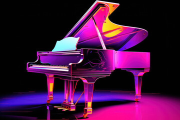  a purple and pink piano sitting on top of a purple and pink floor in front of a black back ground.
