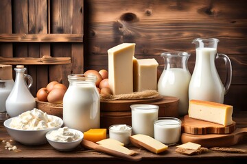 Fototapeta na wymiar Dairy products standing on a wooden table on a background of old furniture. Still-life with natural healthful food