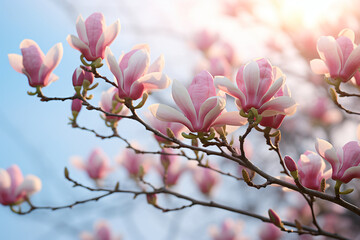 Magnolia blossoms against a blue sky, in the style of light pink and violet, backlight, wimmelbilder, selective focus, large canvas format

