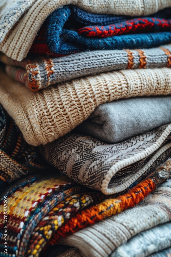 Aufkleber A pile of sweaters stacked on top of each other. Versatile image suitable for various uses