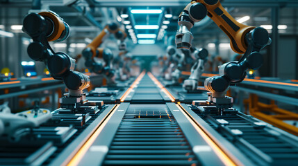 A complex assembly line in a futuristic factory showcasing advanced robotic arms efficiently assembling small electronic devices. - obrazy, fototapety, plakaty