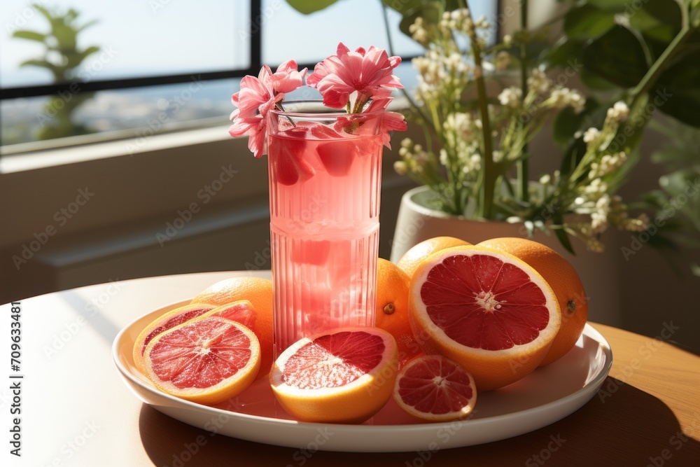 Poster a plate of grapefruits and a vase of flowers on a table with a window in the background.