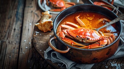A mouthwatering pot of crab soup with a spoon ready to be enjoyed. Perfect for food blogs,...