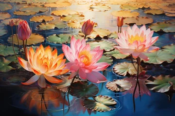 Foto op Canvas  a painting of water lilies in a pond with lily pads in the foreground and the sun in the background. © Nadia