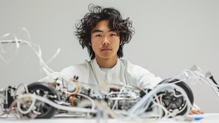 A portrait of a student studying automotive engineering, set against a white background. The student is of East Asian ancestry