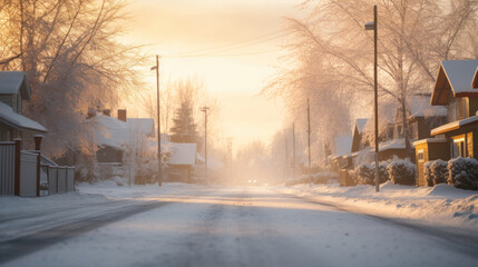 A peaceful winter morning sunrise casts a golden glow over a snowy residential neighborhood, with frost-covered trees lining the streets. - obrazy, fototapety, plakaty