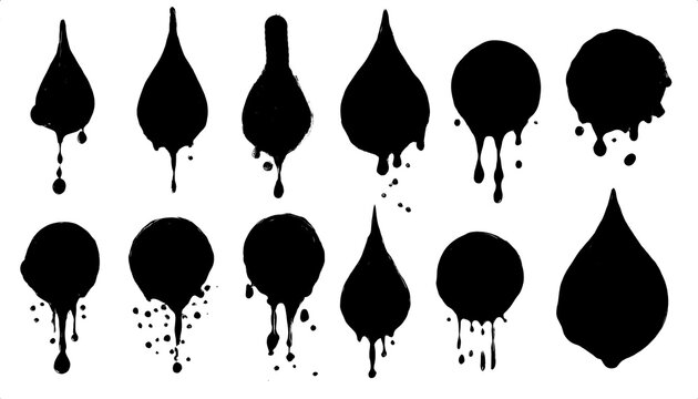 set of black paint or ink oil drops isolated on a transparent background. PNG, cutout, or clipping path.	
