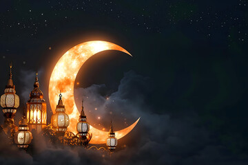 Naklejka premium ramadan Kareem, Ramadan crescent moon, Eid Mubarak Islamic festival social media banner and Eid Mubarak Post Template, islam