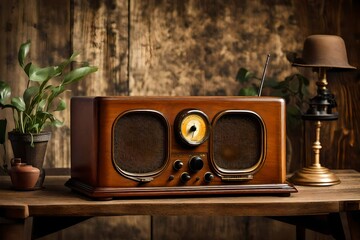 image of an antique retro wood radio on a table - obrazy, fototapety, plakaty