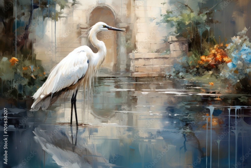 Poster a painting of a white egret standing in a pond in front of a building with a clock tower.