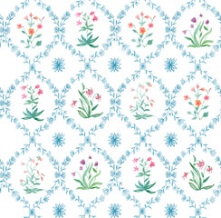 Ethnic Indian style water color floral seamless pattern. Hand drawn water color Arabic floral repeating background.