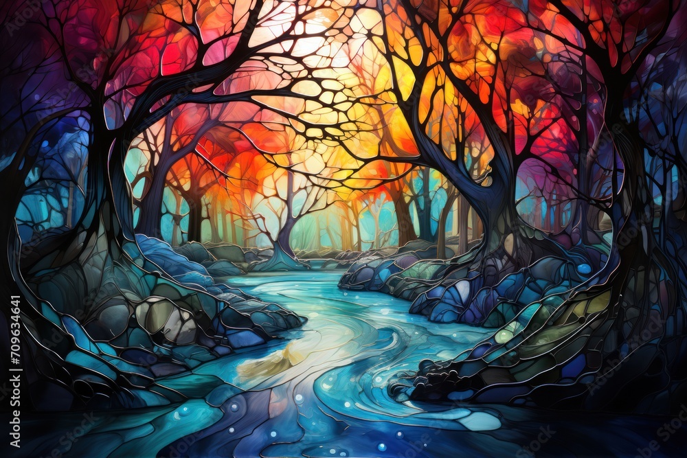 Poster a painting of a stream running through a forest with rocks and trees in the foreground and a colorfu