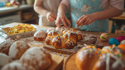 A cozy kitchen scene of a family baking Easter treats together with freshly baked hot cross buns colorful icing and decorative sprinkles.