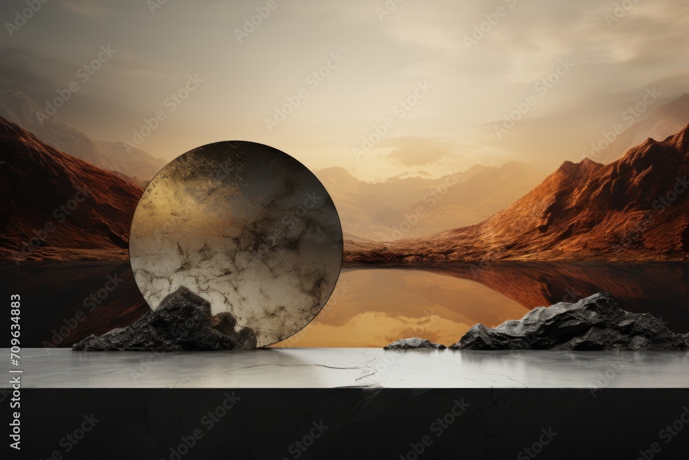 Poster a mirror sitting on top of a table in front of a body of water with a mountain range in the backgrou