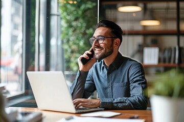 Young happy busy latin businessman talking on phone using laptop computer in office. Smiling hispanic professional businessman manager making call on mobile telephone sitting at work desk,GenerativeAI