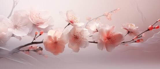 A pink canvas with pink flowers on it is on a light background, in the style of double exposure, light silver and orange, bokeh, luminous 3d objects, smokey background, elegant use of negative space, 