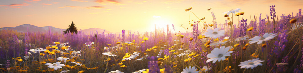 A field with lots of wild flowers, in the style of vray, white and violet, wimmelbilder, ferrania p30, high resolution, yellow and white, orderly arrangements

