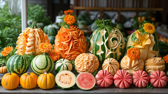 A creative display of fruit carvings showcasing intricate designs on watermelons melons and pumpkins.