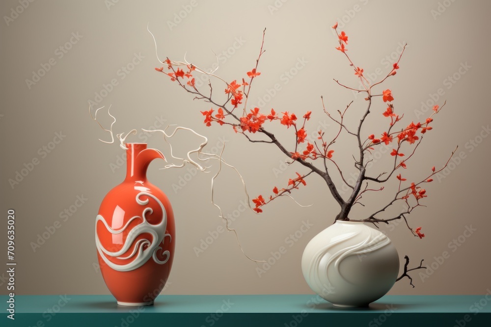 Poster a vase with a branch in it next to a vase with a flower in it on a table next to a vase with a flowe