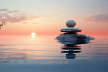  a stack of rocks sitting on top of a rock in the middle of a body of water with a sunset in the background.