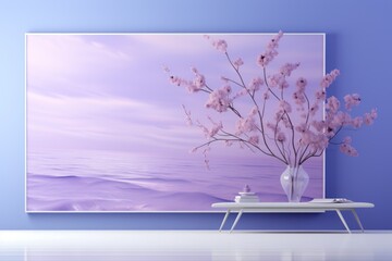  a vase with pink flowers on a table in front of a wall with a painting of water and a purple sky.