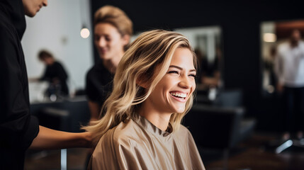 Beautiful young lady or woman with blonde hair at the hairdresser or hairstyling studio, female barber client, grooming saloon, youthful girl smiling, beautician profession treatment customer - obrazy, fototapety, plakaty