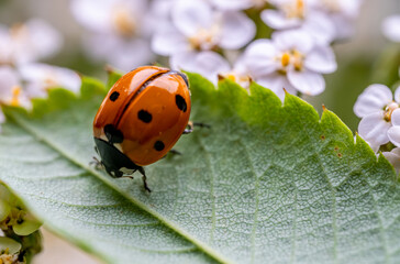 A ladybug on a green leaf in close-up.