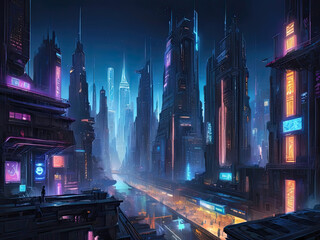 Cityscape Illuminated on Dark Blue Background with Vibrant Neon Lights. AI Generative