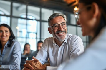 Happy diverse business people international corporate executive team talking at group meeting. Smiling older Latin male manager working with colleagues collaborating at boardroom table, Generative AI
