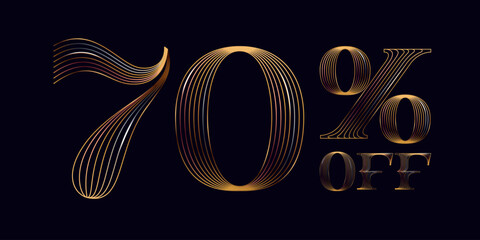 70% OFF golden lettering. Shiny number made of parallel lines on black background. Metallic percent emblem for Super Sale - obrazy, fototapety, plakaty
