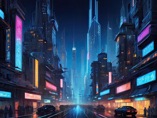 Fototapeta na wymiar Cityscape Illuminated on Dark Blue Background with Vibrant Neon Lights. AI Generative