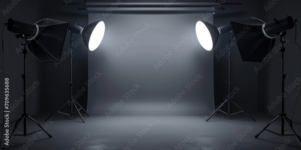 Poster A picture of three lights in a dark room, with one light on a tripod. This image can be used to depict a photography studio setup or to illustrate the concept of illumination
