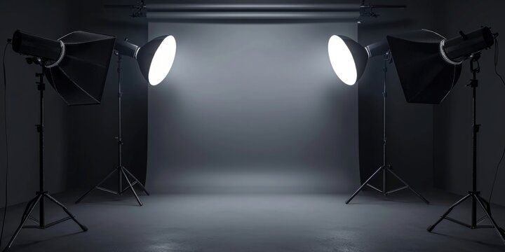 A picture of three lights in a dark room, with one light on a tripod. This image can be used to depict a photography studio setup or to illustrate the concept of illumination