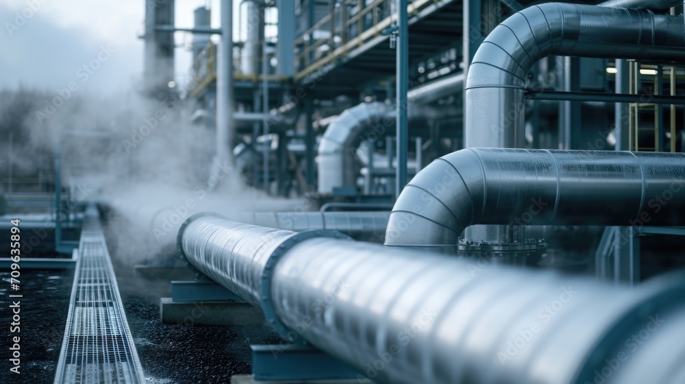 Poster a picture of a large pipe with steam billowing out. perfect for industrial or engineering concepts