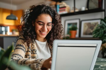 Young happy latin woman, smiling curly casual girl student using tablet and laptop elearning or working at home online looking at tab technology device sitting at table in living room, Generative AI
 - obrazy, fototapety, plakaty