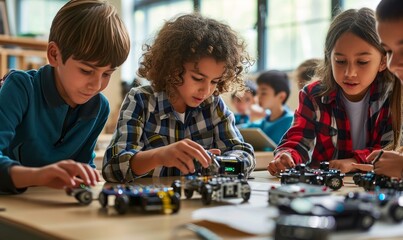 Diverse school children students group building robotic vehicle robot cars using tablet education software apps. Kids learning programming sit at table at STEM coding engineering class, Generative AI