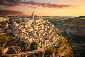 Obraz premium Cityscape aerial image of medieval city of Matera, Italy during beautiful sunset