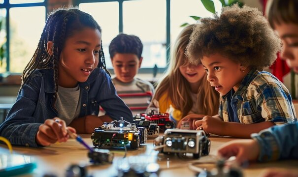 Diverse school children students group building robotic vehicle robot cars using tablet education software apps. Kids learning programming sit at table at STEM coding engineering class, Generative AI - Powered by Adobe