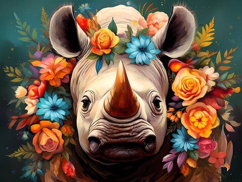 illustration of a colorful rhino with a flower crown on its head. generative ai