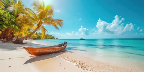 Fotobehang Canoe on the tropical sandy beach. Beautiful summer landscape of tropical island with boat in ocean © Kien