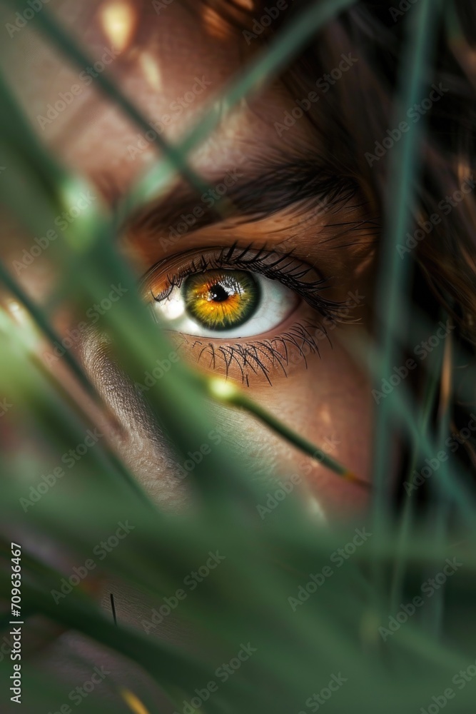 Poster a close-up view of a person's eye with a plant in the foreground. this image can be used to depict t