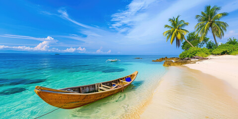 Canoe on the tropical sandy beach. Beautiful summer landscape of tropical island with boat in ocean