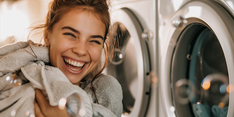 Smiling young girl doing laundry, surrounded by bubbles, washing machine on background. Spring cleaning concept, banner for banner with free space for text - obrazy, fototapety, plakaty
