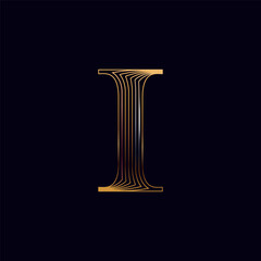 I letter golden logo. Shiny icon made of parallel lines on black background. Metallic gold, bronze, silver emblem for Super Sale.