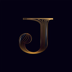 J letter golden logo. Shiny icon made of parallel lines on black background. Metallic gold, bronze, silver emblem for Super Sale.