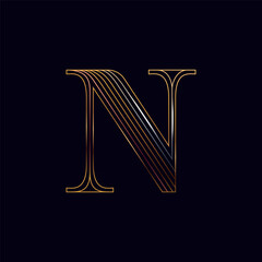 N letter golden logo. Shiny icon made of parallel lines on black background. Metallic gold, bronze, silver emblem for Super Sale.