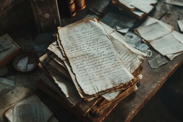 Antique documents and quill, evoking history and scholarly pursuits on a vintage wooden desk.