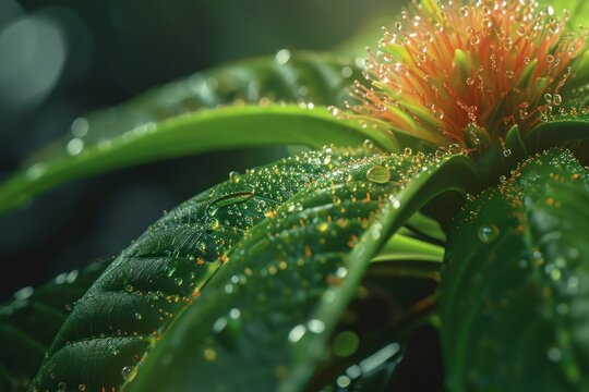 Macro shot of a dew-kissed tropical flower, droplets enhancing the plant's vibrant natural beauty.